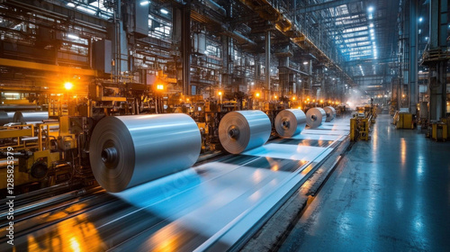 A paper manufacturing plant with industrial rollers producing large sheets of paper