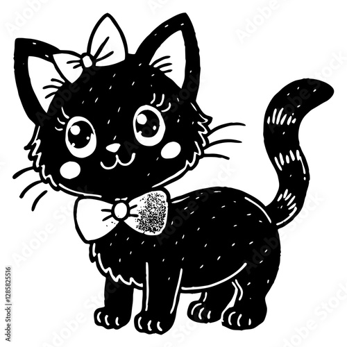 Vintage Engraved Kitten with Bowtie – Retro Hand-Drawn Cat Illustration