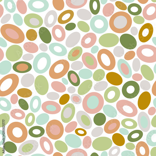 Retro style Abstract geometric layered seamless pattern Delicate pastel colors oval, rounded shapes on white background