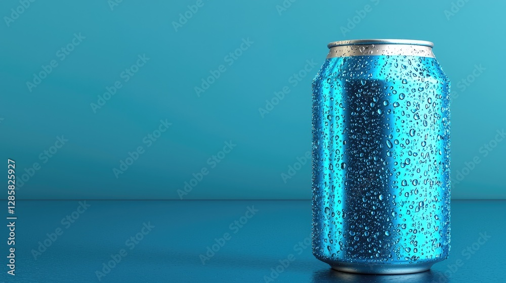 Bright Blue Drink Can with Water Droplets on a Solid Background Bright Blue Drink Can with Water Droplets on a Solid Background