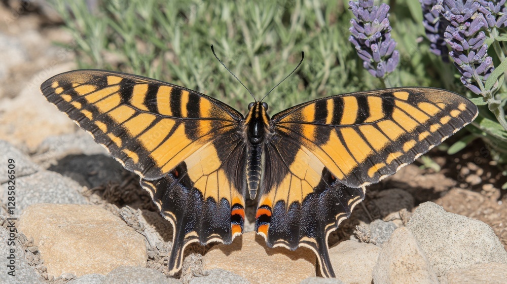 Fototapeta premium A vibrant butterfly in a herb garden, framed by aromatic plants like basil and thyme.