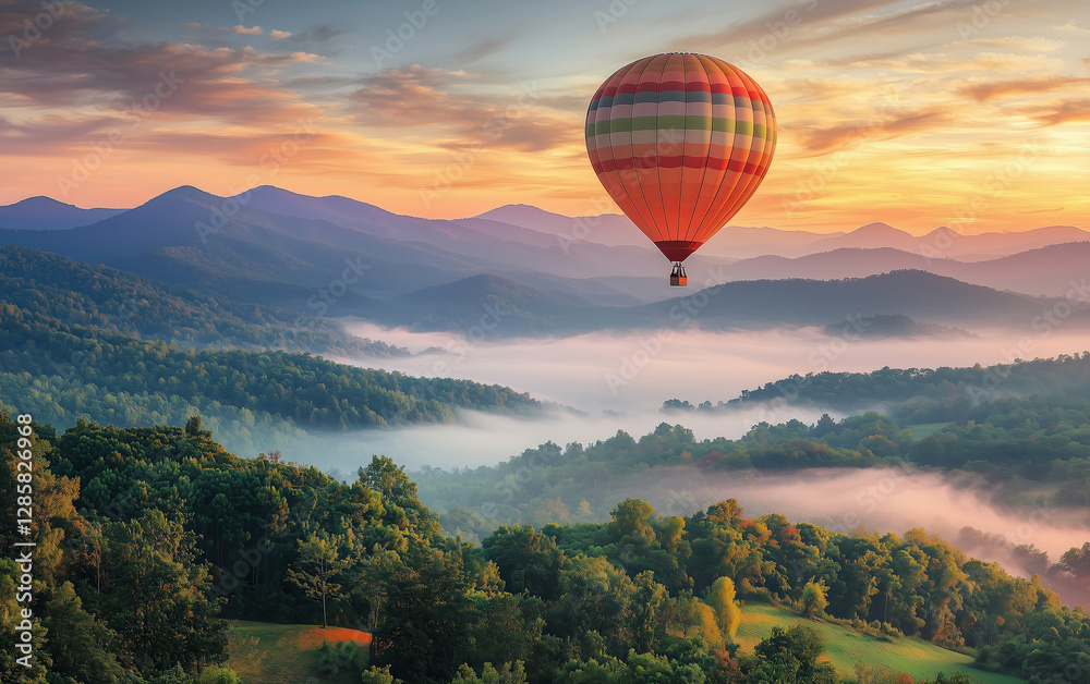 Naklejka premium A vibrant hot air balloon soaring above lush green mountains at sunrise.