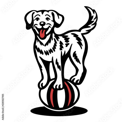 Vintage Circus Dog Balancing on Ball Vector Illustration