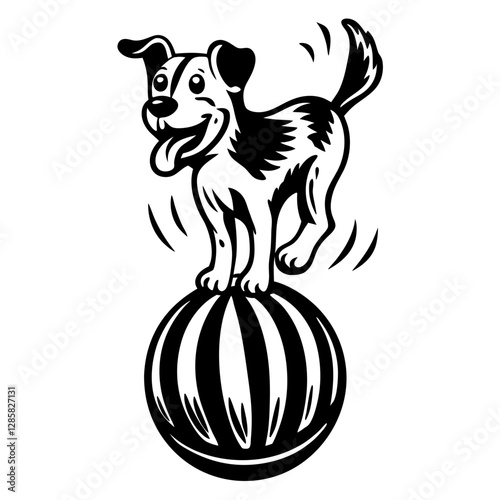 Vintage Circus Dog Balancing on Ball Vector Illustration