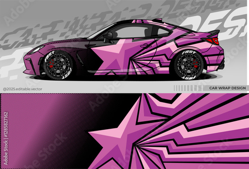 Sports car wrap design. Dominated by black, purple, white. There are sharp star and line shapes depicting speed and courage. Suitable for racing, drift or exhibition