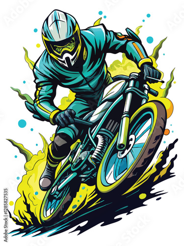A detailed illustration of a skeletal motocross rider soaring through the air,  dust and debris trailing behind,  during a daring stunt.