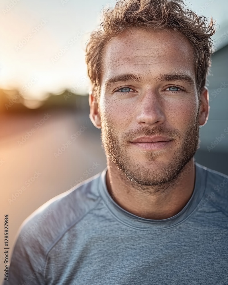 A young man with short hair smiling at the camera during sunset. A young man with short hair smiling at the camera during sunset.