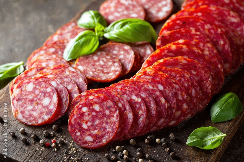 A delectable display of sliced salami on a rustic wooden board, garnished with fresh basil leaves, enhanced by scattered peppercorns for a gourmet delight. A delectable display of sliced salami on a rustic wooden board, garnished with fresh basil leaves, enhanced by scattered peppercorns for a gourmet delight.