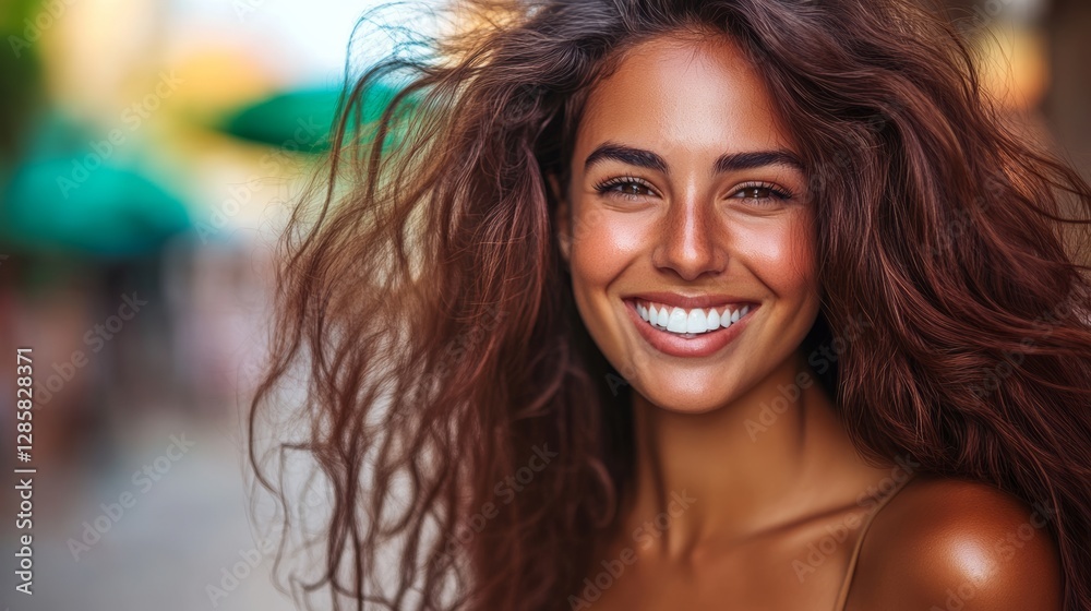 Fototapeta premium Woman with curly hair is smiling and looking at the camera. She is wearing a gold tank top and has a tan complexion