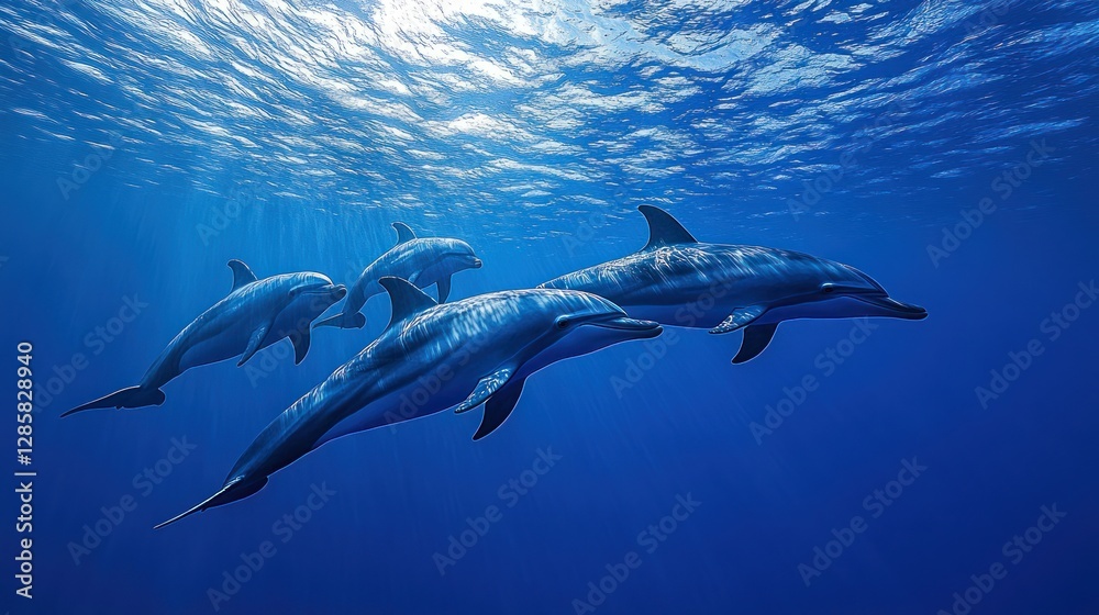 Obraz premium Oceanic dolphins swimming underwater, sunbeams through the water