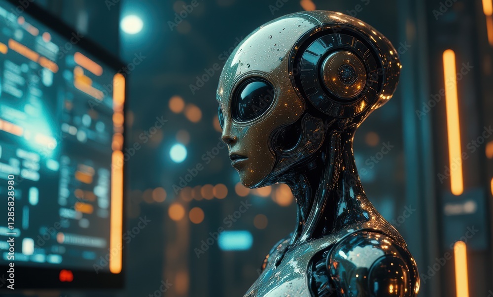Futuristic robot with metallic features. Futuristic robot with metallic features.