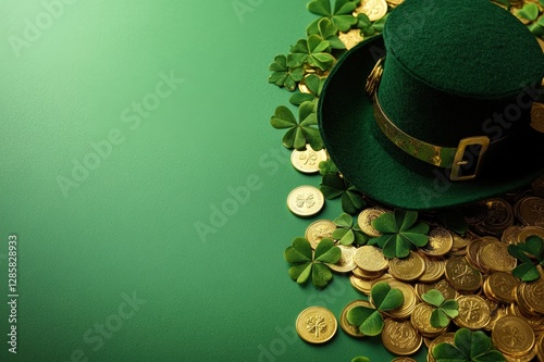 St. Patrick's Day Themed Image Featuring a Green Hat, Gold Coins, and Shamrock Leaves, with Room for Copy Space, Ideal for St. Patrick's Day Marketing and Promotions. photo