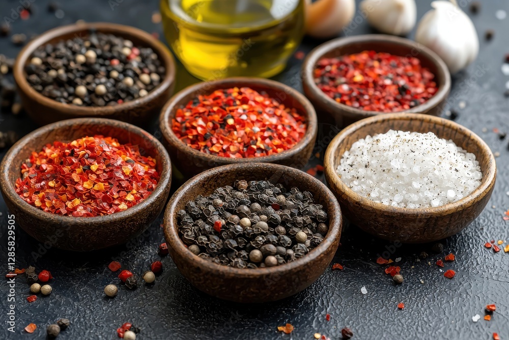 Variety of spices: black peppercorns, red pepper flakes, and salt in wooden bowls, garnished with garlic cloves and olive oil on a dark textured surface for cooking. Variety of spices: black peppercorns, red pepper flakes, and salt in wooden bowls, garnished with garlic cloves and olive oil on a dark textured surface for cooking.