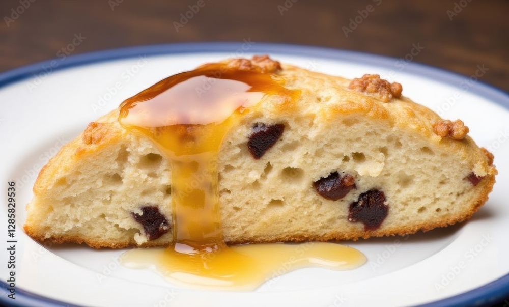 Warm scone with melted chocolate and syrup Warm scone with melted chocolate and syrup