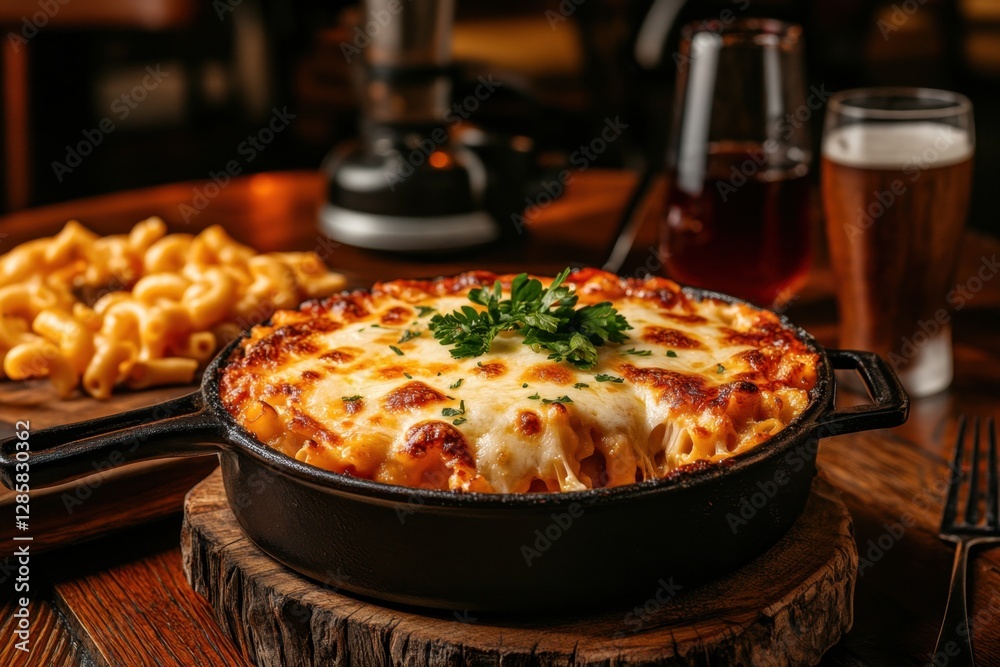 Delicious cheesy baked pasta served in rustic setting Delicious cheesy baked pasta served in rustic setting