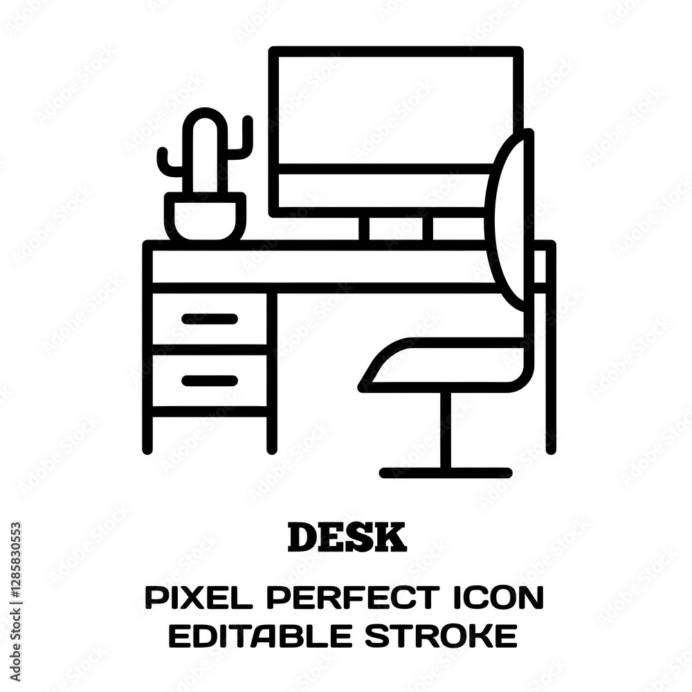 Obraz premium Desk symbol, featuring an editable stroke outline icon isolated on white background flat vector illustration. Pixel perfect
