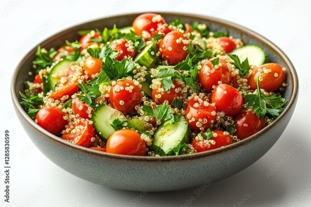 A vibrant and refreshing quinoa salad with cherry tomatoes, cucumber, and parsley, presented in a stylish bowl against a clean white background, ready to eat. A vibrant and refreshing quinoa salad with cherry tomatoes, cucumber, and parsley, presented in a stylish bowl against a clean white background, ready to eat.