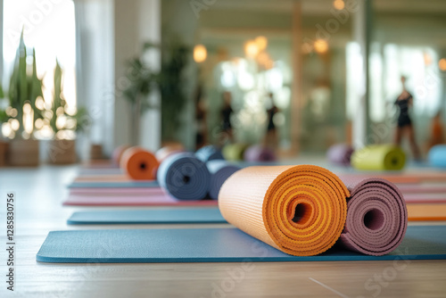 Peaceful yoga class setting with multiple colorful yoga mats arranged for group practice