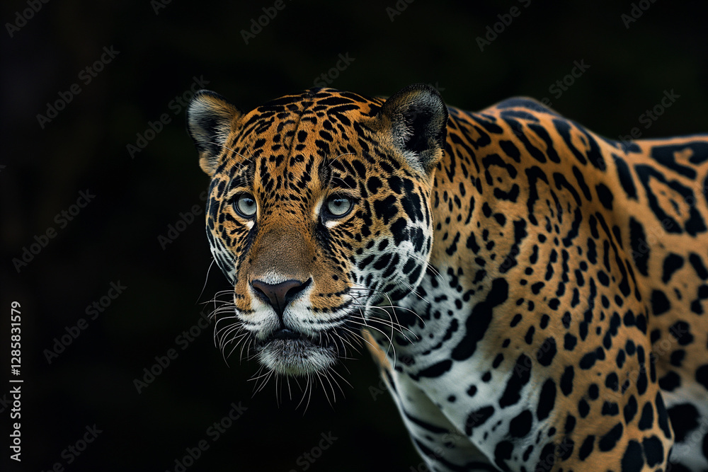A powerful and majestic jaguar, its sleek body captured in sharp detail against a pure black background A powerful and majestic jaguar, its sleek body captured in sharp detail against a pure black background