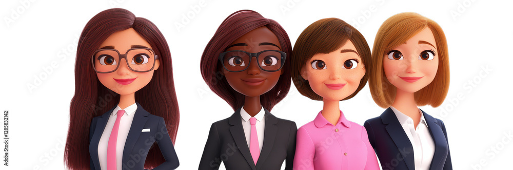 Animated female characters in professional attire with diverse hairstyles and skin tones Animated female characters in professional attire with diverse hairstyles and skin tones
