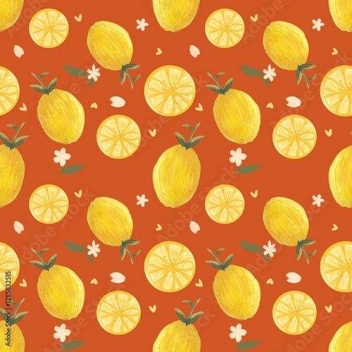 Lemons and Blossoms Seamless Pattern on teracota background color