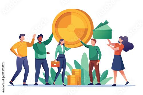 A diverse team collaboratively lifts a colossal, golden cryptocurrency coin, symbolizing teamwork and financial success.