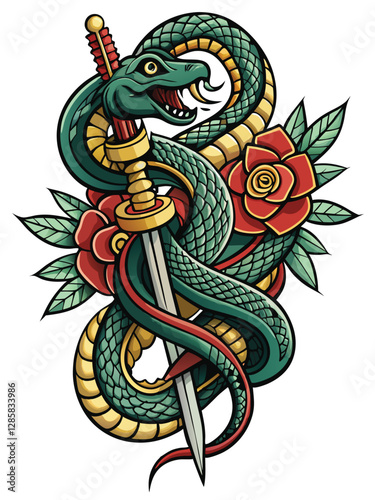 A meticulously detailed illustration of a traditional American copperhead snake tightly coiled around a vintage, hand-carved wooden dagger.