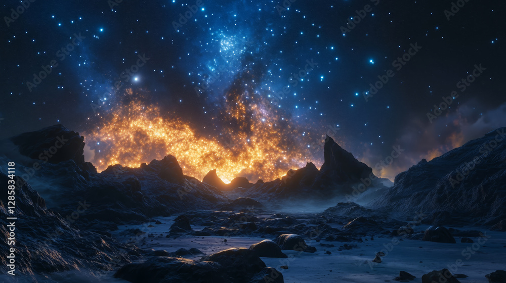 Fototapeta premium Dramatic Cosmic Eruption Over Rocky Landscape - Made with Generative AI