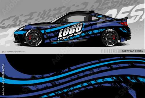 Car seat cover design for sports cars. Black and blue with dynamic striped pattern and broken texture. Gives aggressive and sporty look to the car, suitable for racing or promotion purposes.