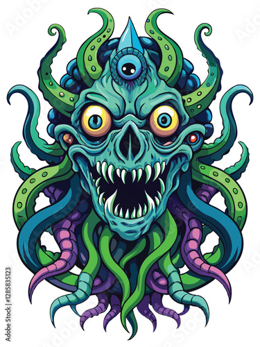 Render a disturbingly beautiful, twisted Lovecraftian horror scene featuring a creature with multiple tentacles, evoking cosmic dread and unsettling beauty.