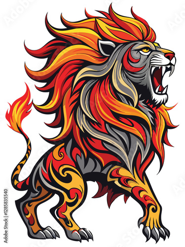 Create a digital painting of a tribal-styled roaring lion, its magnificent mane transformed into vibrant, geometric patterns.  Intricate details are crucial.