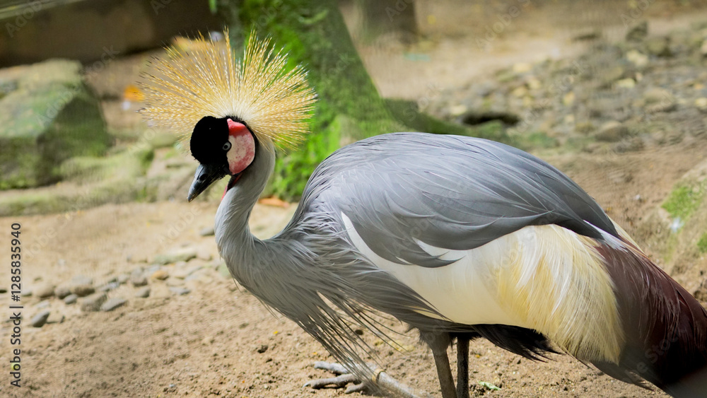 Fototapeta premium Crowned crane activity with closed and blurred background in Ragunan National Park