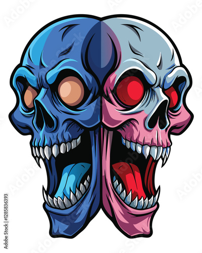 A detailed rendering of a two-headed skull; one skull grins widely, revealing teeth, the other side remains inexpressive, showcasing contrast.  High detail, dark background.