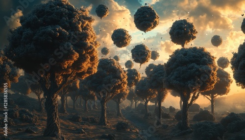 Surreal Landscape of Floating Trees in a Dreamy Environment with Soft Lighting and Ethereal Clouds Above the Horizon