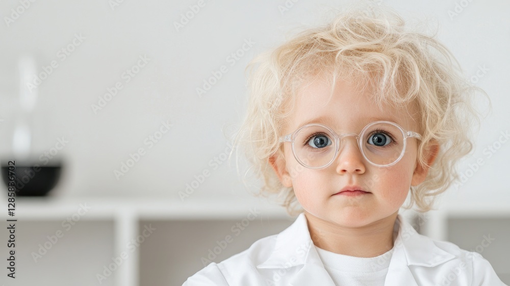 Child scientist in lab coat, serious gaze, modern lab backdrop, suitable for educational materials, or children's books Child scientist in lab coat, serious gaze, modern lab backdrop, suitable for educational materials, or children's books