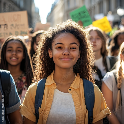 A diverse group of students rallying for climate action, holding signs that call for a shift to renewable energy and green infrastructure for a better planet.