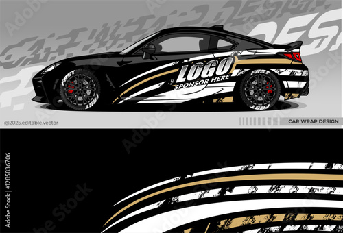 Car seat cover design for sports cars. Black, white and gold with dynamic striped pattern and broken texture. Gives aggressive and sporty look to the car, suitable for racing or promotion purposes.