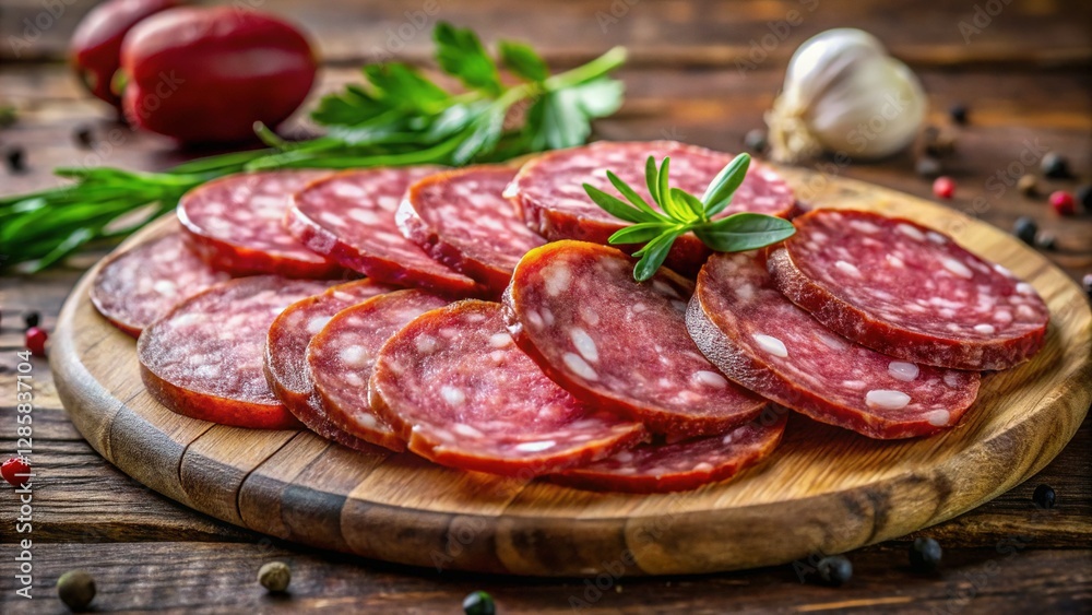 Delicious Sliced Salami on a Wooden Board, Close-up Delicious Sliced Salami on a Wooden Board, Close-up