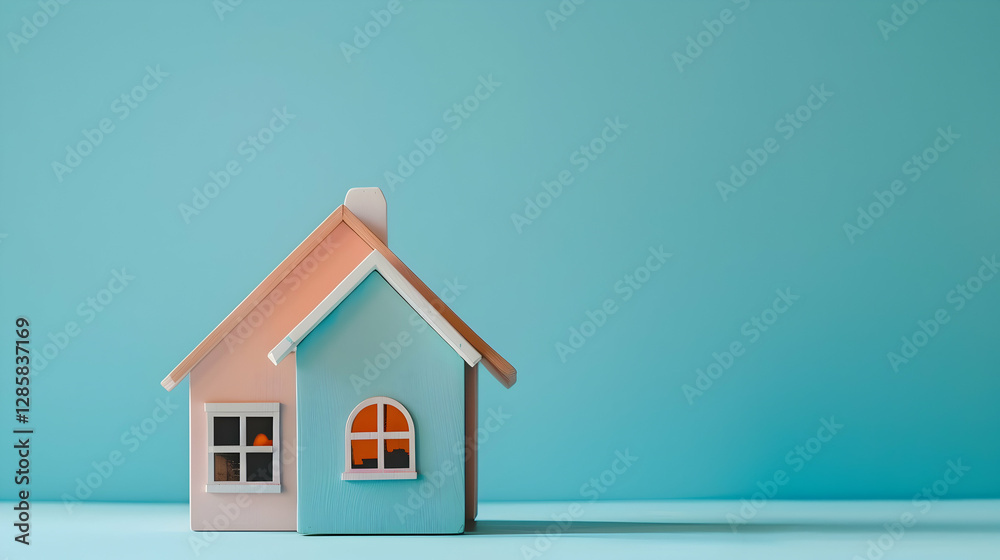 Colorful miniature house model on a vibrant blue background with soft lighting Colorful miniature house model on a vibrant blue background with soft lighting