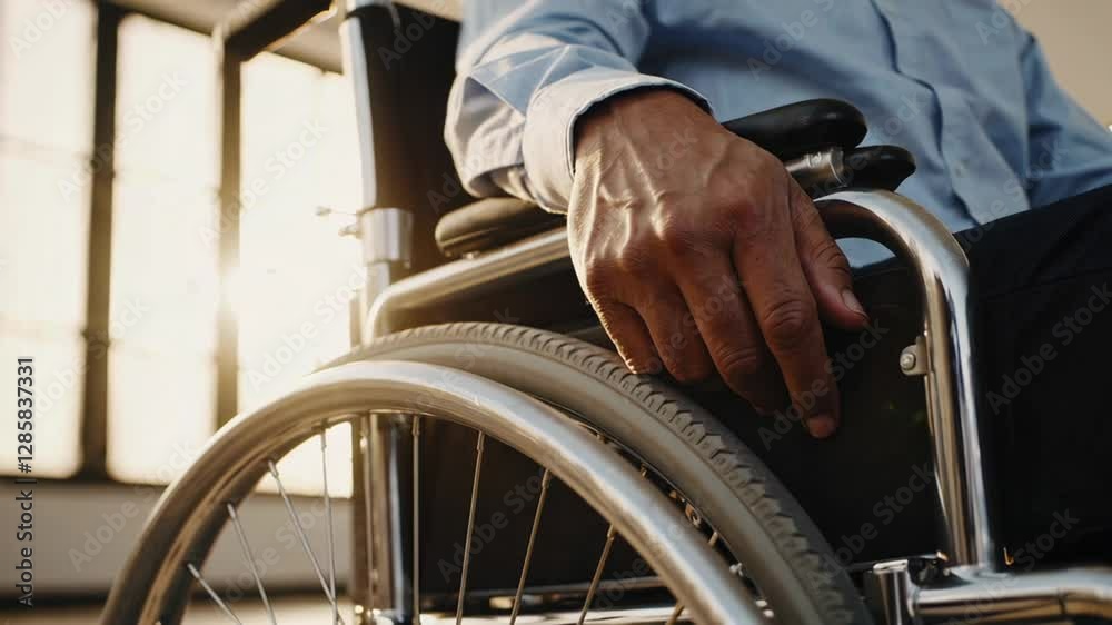 Sunlight illuminates businessman's hand resting on his wheelchair, conveying themes of disability, accessibility, and inclusion in the workplace Sunlight illuminates businessman's hand resting on his wheelchair, conveying themes of disability, accessibility, and inclusion in the workplace