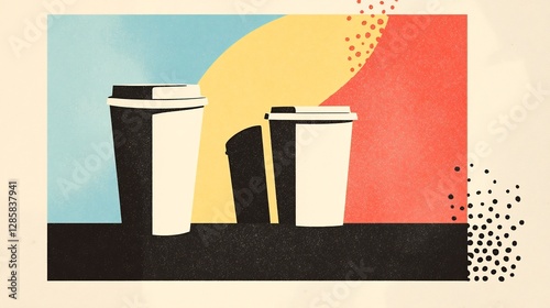 Stylish coffee cups subtly arranged against a vibrant retro background. AI Generated