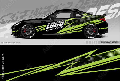 Car wrap design for sports cars. Dominated by black with green accents. The design has a dynamic Lightning pattern with green lines and dots, creating a sense of speed and movement.