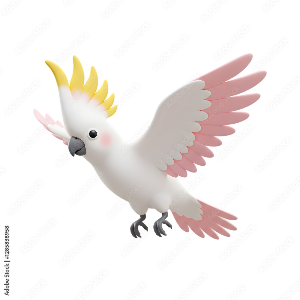 Fototapeta premium Adorable 3D Render of a Sulphur Crested Cockatoo in Flight Art Bird Cute Pink White Wings Animal