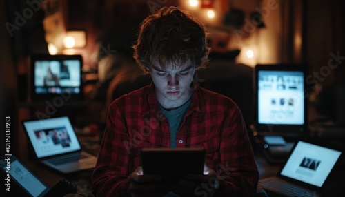 Young person absorbed in device in dark room illuminated by screens, capturing the essence of technology and modern solitude at night