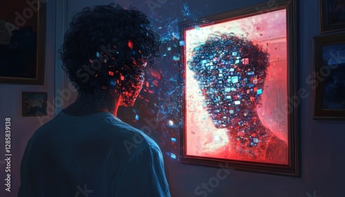 Person Staring at a Mirror Reflecting a Digital and Abstract Representation of Self, Exploring Identity and Technology Integration