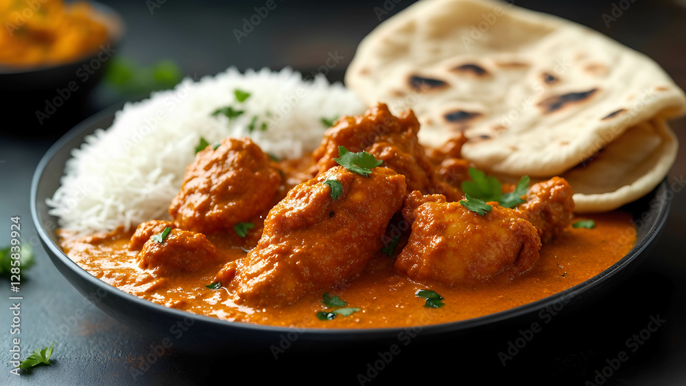 Traditional butter chicken with creamy tomato sauce, served with fluffy basmati rice and naan bread Traditional butter chicken with creamy tomato sauce, served with fluffy basmati rice and naan bread