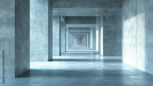 Abstract architectural corridor with vanishing point perspective, emphasizing proportion, depth, and modern design lines