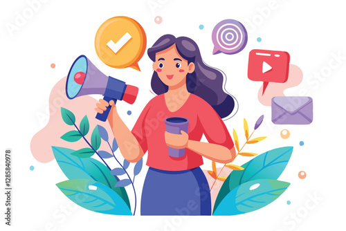A powerful woman using a megaphone, surrounded by vibrant social media icons, advocating for social change.