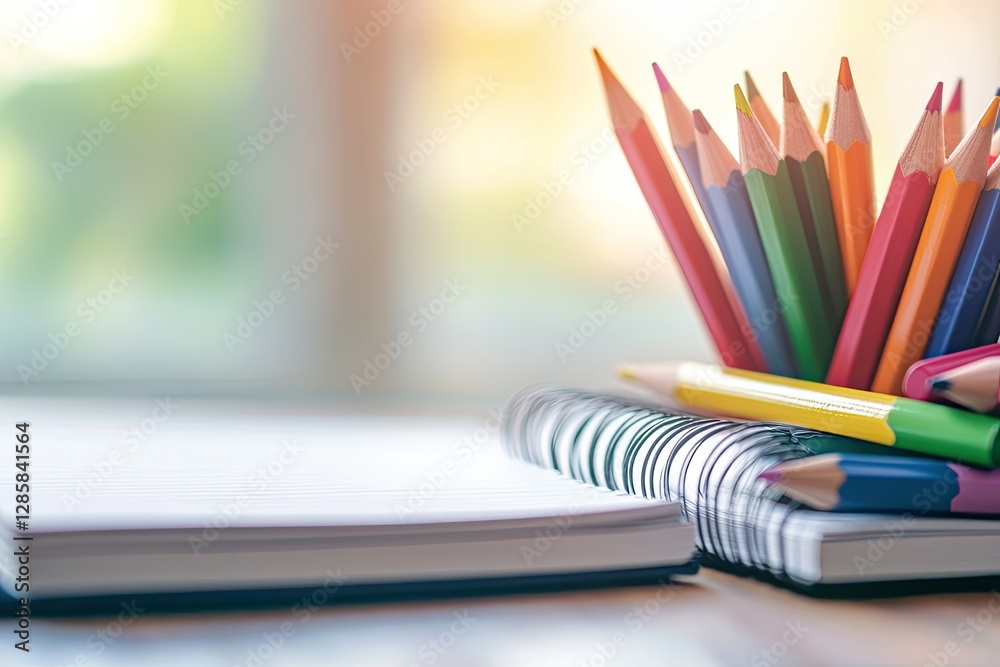 High Definition Picture of Desk Arrangement with Notebooks and Pencils High Definition Picture of Desk Arrangement with Notebooks and Pencils