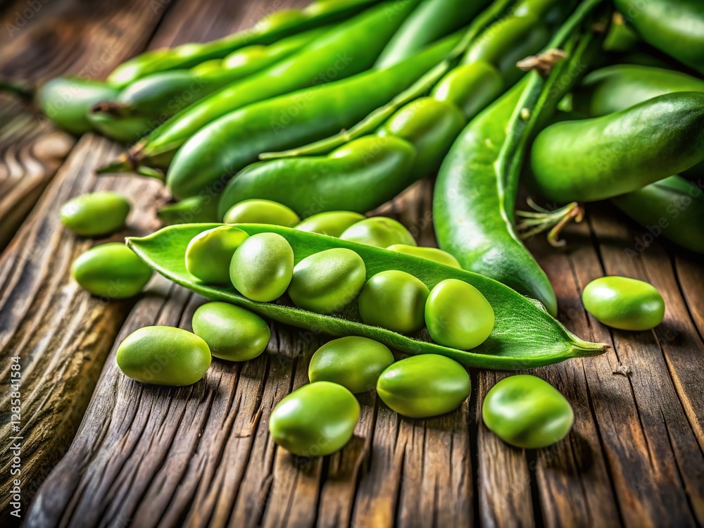 Fresh Broad Beans on Rustic Wooden Table - Healthy Food Stock Photo Fresh Broad Beans on Rustic Wooden Table - Healthy Food Stock Photo